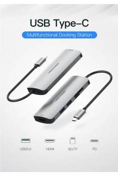 Bộ chuyển đổi Type-C ra HDMI + USB 3.0 + SD + TF + Type-C PD Vention CMEHA